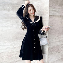 FENING MAJE 2020 autumn and winter New doll collar black gold velvet dress vintage Joker dress women