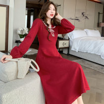 FENING MAJE 2020 Autumn Winter Korean Simple Knitted Doll Collar Dress Medium Long Blantry Dress