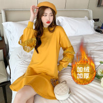 FENING MAJE plus velvet long sleeve dress 2020 Autumn and Winter new womens Korean ruffle skirt