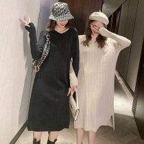 FENING MAJE Women Women 2020 Autumn Winter New Korea East Gate V-neck Loose Slit Long Skirt Dress