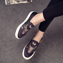 Autumn printed canvas shoes mens board shoes Korean trend casual cloth shoes flat one pedal lazy loafers