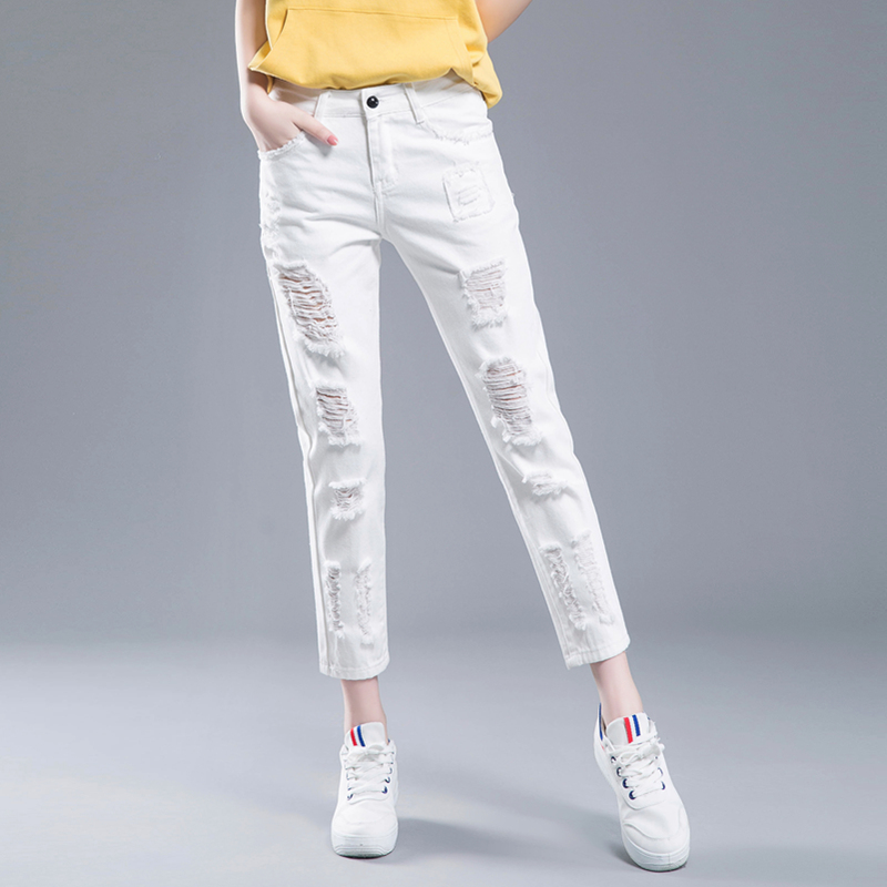 2021 new denim Haren pants women's high waist loose slim hole White fashion spring and autumn Joker ankle-length pants