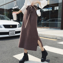 Lace-up slit knitted skirt womens autumn and winter 2022 new mid-length thickened rabbit fleece one-step wrap hip wool skirt