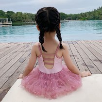 New 2021 childrens swimsuit girls one-piece dress pink cute little Princess puffy dress hot spring resort swimsuit