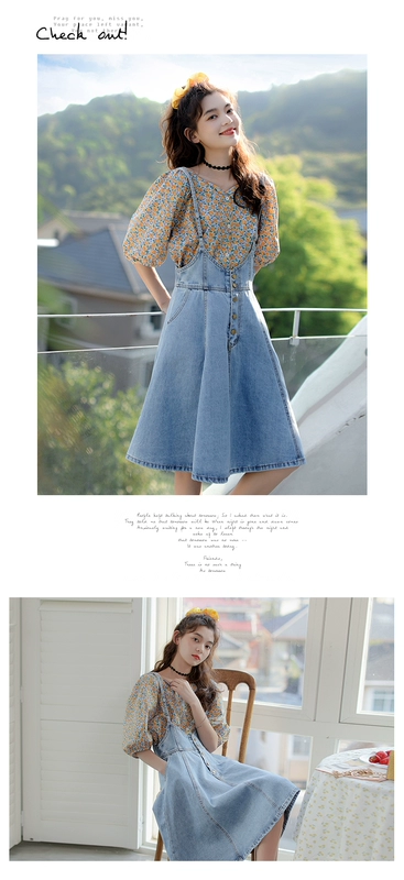 Mùa hè năm 2021 váy dây denim mới váy váy váy của phụ nữ váy dây buộc tuổi giảm có thể ngọt ngào và mặn - váy đầm