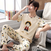 Teen Sleepwear Summer Pure Cotton Short Sleeve Long Pants CUHK Boy Junior High School Student Boy Sleeve Heads Thin household clothes