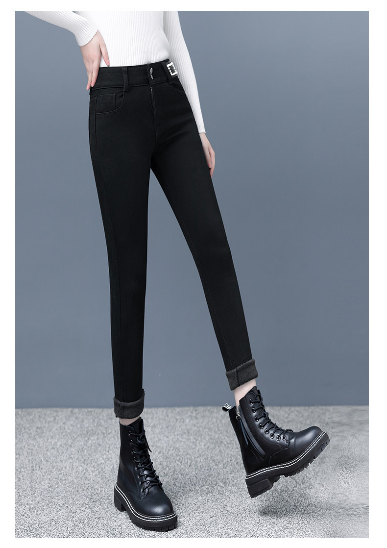 高腰长裤休闲紧身小脚裤牛仔裤女21年年冬季深色高弹显瘦外穿靴裤
