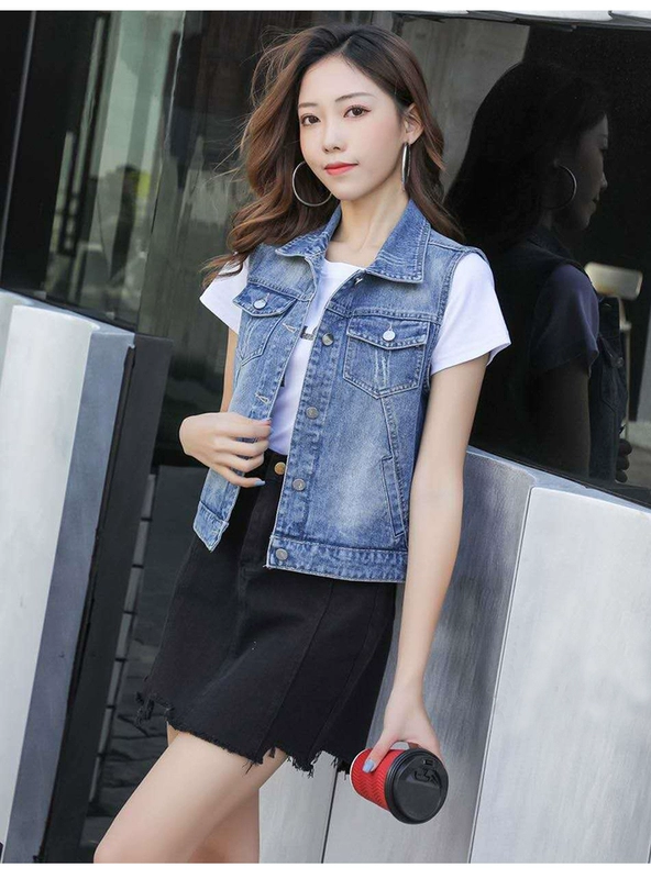 Mùa xuân và mùa thu 2021 áo vest denim mới của phụ nữ mùa hè và phiên bản Hàn Quốc của tất cả các trận đấu kết hợp bên ngoài áo vest vest vest vest áo khoác ngắn - Áo vest