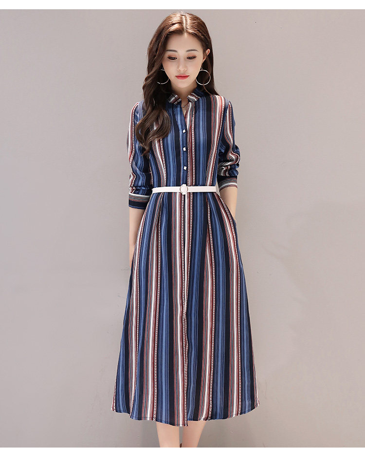2017春季新款女装韩版长款气质雪纺裙子修身长袖条纹长裙连衣裙女