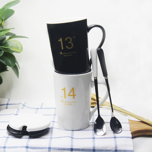 1314创意情侣杯子一对大容量陶瓷水杯带盖勺个性可爱马克杯咖啡杯