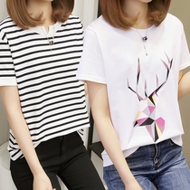 2021 summer new Korean womens fashion tide large size 200 pounds fat mm striped t-shirt womens short-sleeved loose cotton long-sleeved
