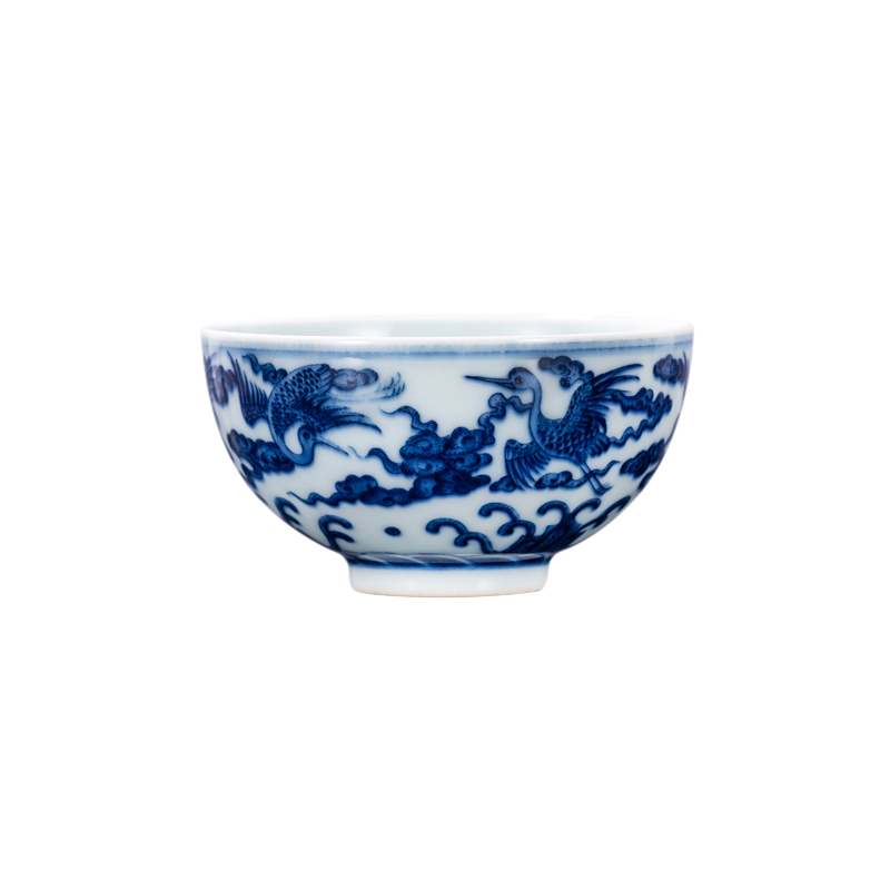 Jingdezhen maintain tea kungfu tea cup pure manual crane, grain sample tea cup large master of blue and white porcelain cup
