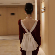 Red Bride Toast Clothing Elegant Married Engagement Background Thanks for Dinner Velvet Long Sleeve Dress