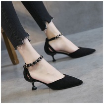 Womens shoes black high heels 2021 autumn new sexy word with pointed thin heels and versatile low heel cat single shoes