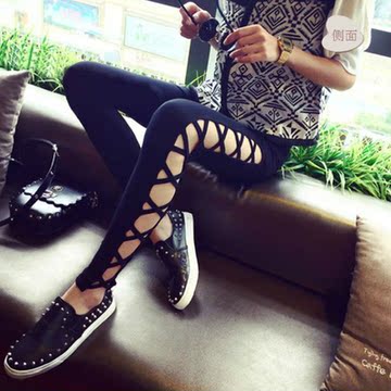 2018春季新款大码女装裤子高弹打底裤交叉带时尚镂空九分裤休闲裤 2018春季新款大码女装裤子高弹打底裤交叉带时尚镂空九分裤休闲裤