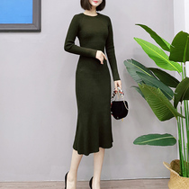 Cooljia temperament simple solid color slim mid-length thin round neck elegant lady knitted dress 5636