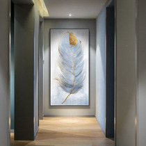 Blue feather hand-painted oil painting corridor vertical version hanging painting modern simple light luxury painting Nordic porch decorative painting aisle