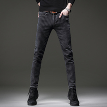 Expensive autumn high-end striped jeans mens trendy brand Joker slim feet Korean trend stretch pants men