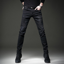 High-color European station Tide brand slim high-end mens high street trend hip-hop wild black jeans mens embroidery