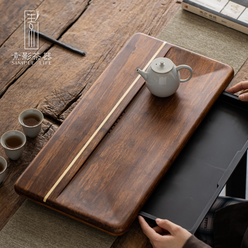 Shadow Japanese weight bamboo tea tray was water drainage large tea table drawer contracted household solid wood tea bamboo sea