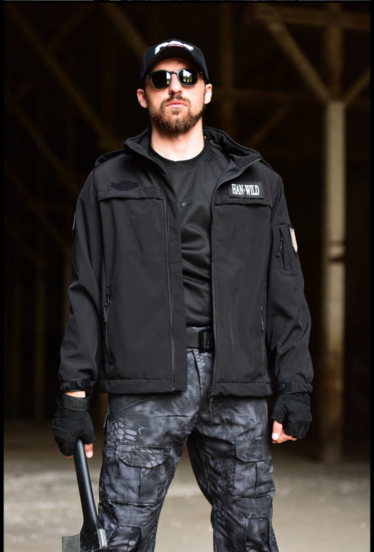 冬季户外执勤作训服抓绒冲锋衣套装男黑色防风外套工作服保安