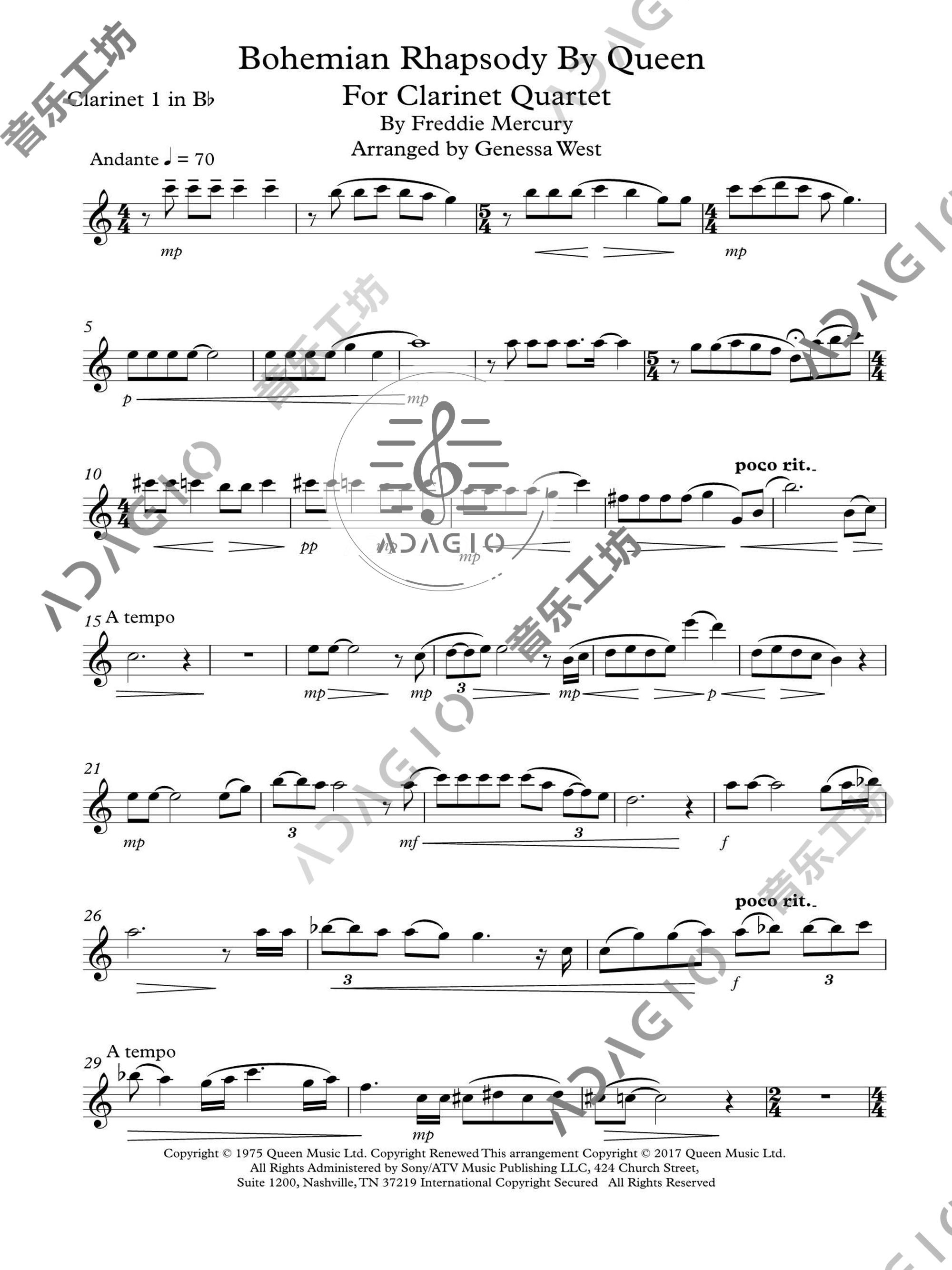 波西米亚狂想曲bohemian rhapsody单簧管四重奏总谱分谱总分谱mp3