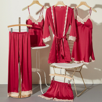 Summer Robe Womens thin ice silk red wedding pajamas newlyweds sexy silk nightgown bride morning gown