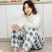Autumn and winter coral velvet simple Japanese Plaid warm pants plus velvet thickened loose flannel home pants