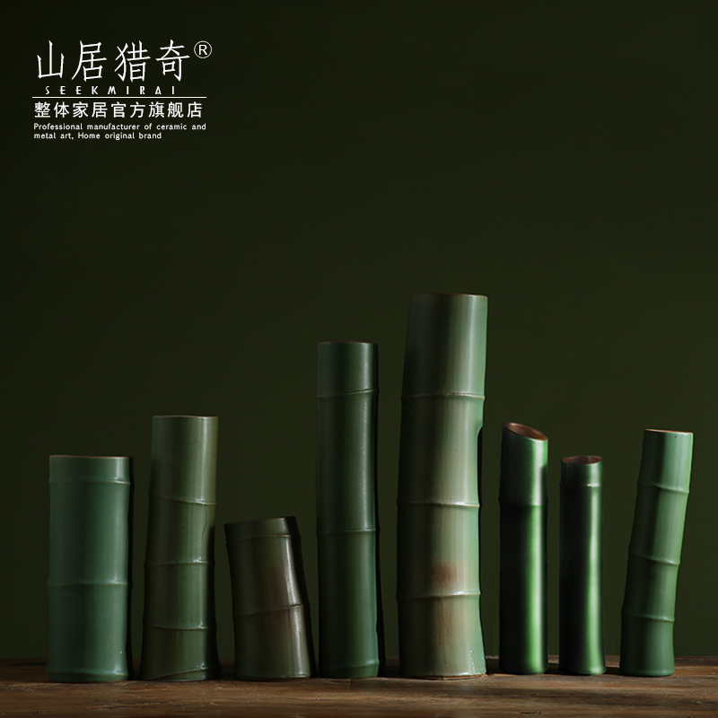 Green ceramic imitation bamboo vase Chinese example room household soft assembly act the role of creative flower arranging bamboo flowers