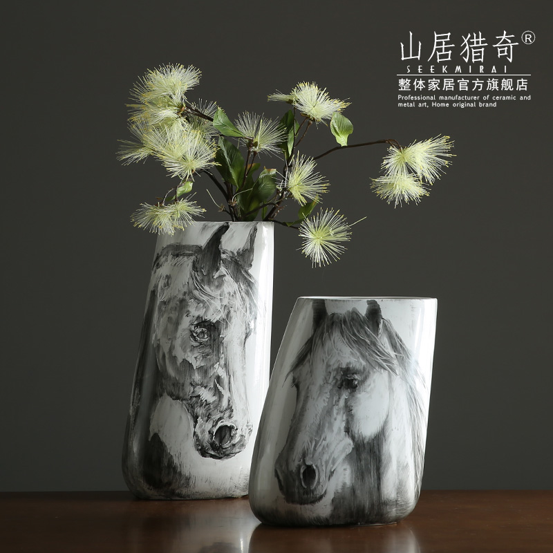 Nordic new Chinese hand - made ink horsehead ceramic vases, large flower arranging flowers sitting room porch decorate furnishing articles