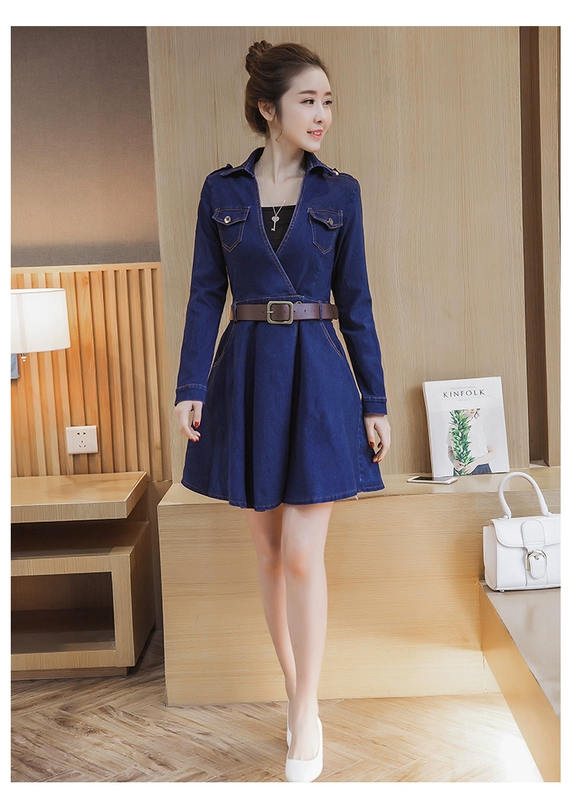 Mùa xuân và mùa thu mới của phụ nữ Hàn Quốc eo eo của phụ nữ là mỏng hơn giữa áo vest hai mảnh phù hợp với áo dài denim dài tay - váy đầm