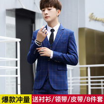 Young Men's Plaid Suit Korean Style Slim Fit Student Casual Suit Wedding Formal Three Piece Set