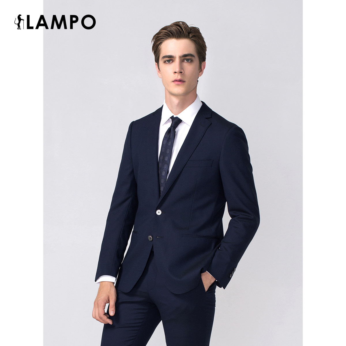 lampo/蓝豹西装全季全羊毛中蓝女衣呢超修身商务男士套装西服上衣