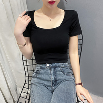 Style Lock Bone Square Collar Blouse Women Summer 2022 New Black Pure Cotton Short T-Shirt Woman Reveal Navel Tight and Sexy Wins