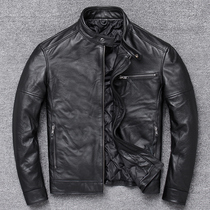 The first layer of cowhide leather leather leather jacket mens pure leather jacket stand collar short locomotive jacket winter plus cotton thick leather jacket