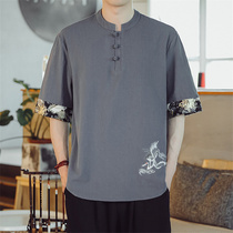 summer linen short sleeve t shirt suit men's chinese style cotton linen top antique trendy V-neck tang clothing half sleeve t-shirt summer