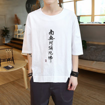 Chinese summer text embroidered short sleeve t-shirt men's round neck men's tops Buddhist vintage Tang dress half sleeve fashion