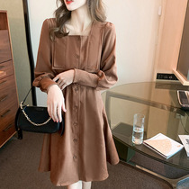 French vintage square collar corduroy dress 2022 early spring new fashion waist long sleeve a-