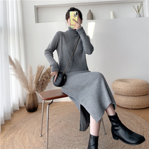 Autumn and winter high collar split knit skirt 2021 fashion interior dress long sweater skirt women