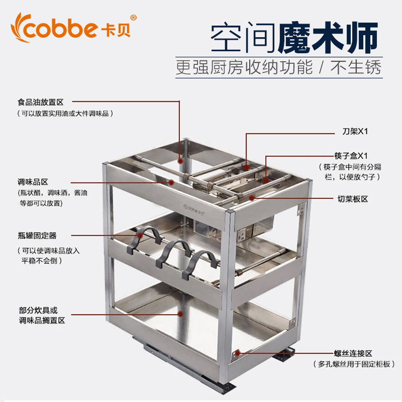 卡贝厨房拉篮 厨柜拉蓝不锈钢调味篮 阻尼拉栏橱柜抽屉厨柜置物架产品展示图5