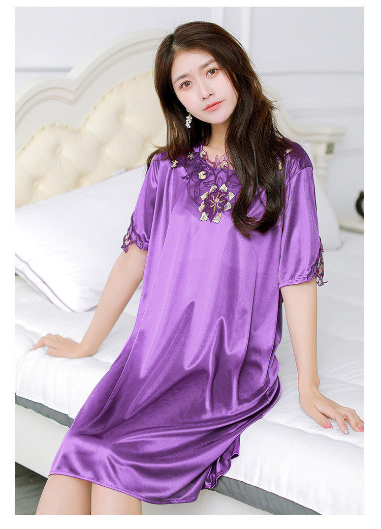 春夏季仿真丝睡裙女士性感情趣睡衣夏冰丝绸中袖大摆裙家居服紫色