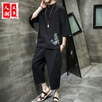 Summer Chinese style linen suit mens Hanfu ancient wind fairy loose retro embroidery youth Tang suit mens Tide brand