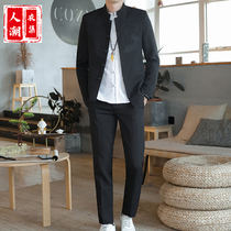 Chinese style suit mens spring and autumn Hanfu retro style coat Tide brand embroidery slim youth Tang suit Zhongshan suit