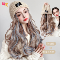 Women's Wig Long Wig Hat Integrated Fashion 2021 New Long Curly Hair Full Hair Cover Simulation Human Hair