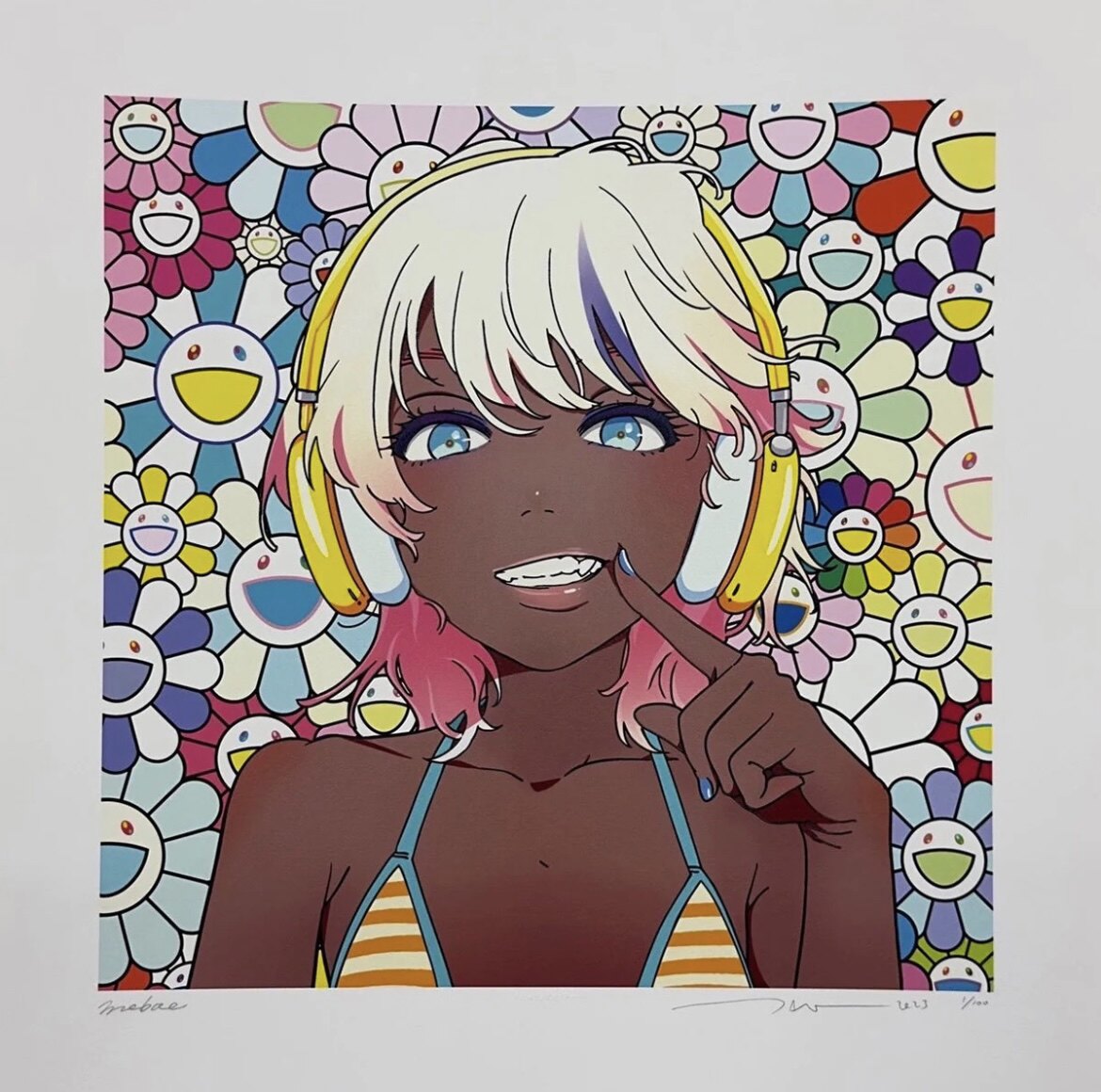 村上隆限量版畫mebae smile聯名畫作日式風格三聯畫47x47cm有框裝飾畫