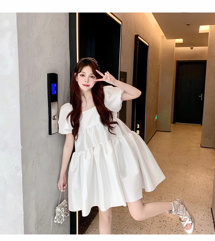 2021 mới mùa hè retro cổ điển thiết kế cổ vuông cảm giác tay phồng tay áo cao eo giảm béo búp bê váy trắng váy quần áo phụ nữ - Váy eo cao