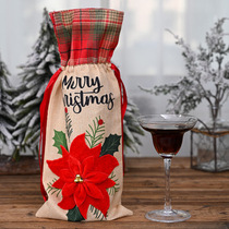 Christmas Decorations Big Red Flowers Hemp Cloth Wine Bottle Bag Red Wine Bottle Cover Hotel Bar Checkered Numb Wine Bottle Bag