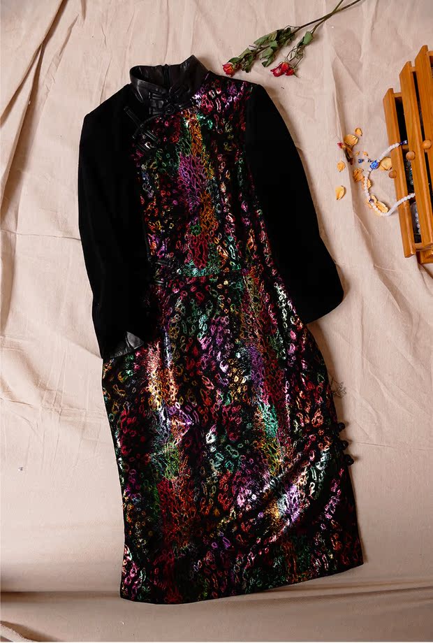 革氏高端真皮旗袍连衣裙 日常改良 中式盘扣皮衣 反绒皮拼绵羊皮