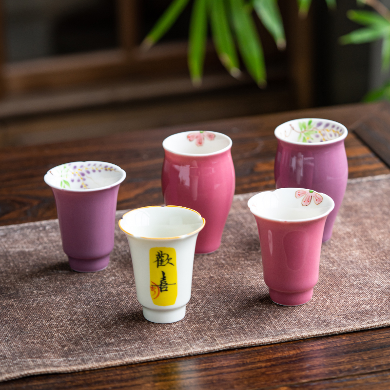 Pure hand painted pink ceramic personal tea cup female special master single cup with cup cushion not bronzed for home tasting cup-Taobao