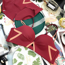 No-marks-one-piece lingerie female poly-free steel ring small breasts This life Red Glossy Girl Bra Suit